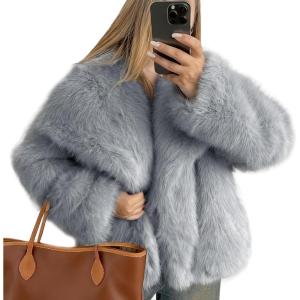 imageFlygo Womens Faux Fur Coat Fluffy Faux Fur Jacket Long Sleeve Lapel Furry Winter Jackets Shaggy Parka Short CoatLight Grey