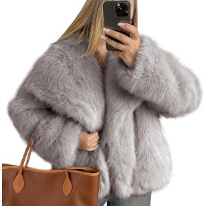 imageFlygo Womens Faux Fur Coat Fluffy Faux Fur Jacket Long Sleeve Lapel Furry Winter Jackets Shaggy Parka Short CoatLight Khaki