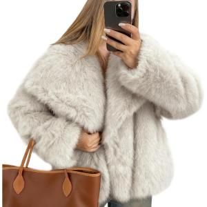 imageFlygo Womens Faux Fur Coat Fluffy Faux Fur Jacket Long Sleeve Lapel Furry Winter Jackets Shaggy Parka Short CoatOffwhite