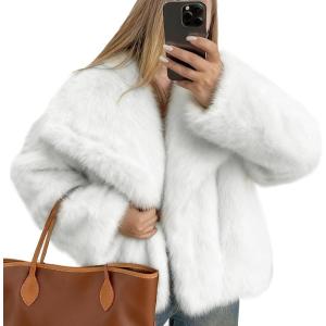imageFlygo Womens Faux Fur Coat Fluffy Faux Fur Jacket Long Sleeve Lapel Furry Winter Jackets Shaggy Parka Short CoatWhite