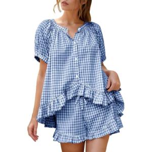 imageFlygo Womens Gingham Pajamas Set 2 Piece Cotton Pj Lounge Sets Puff Sleeve Ruffle Babydoll Shirt Shorts Summer OutfitsNavy