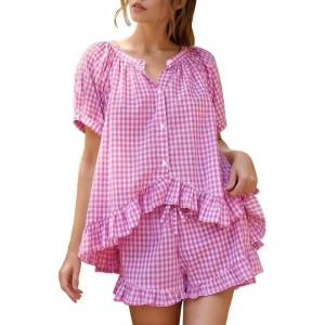 imageFlygo Womens Gingham Pajamas Set 2 Piece Cotton Pj Lounge Sets Puff Sleeve Ruffle Babydoll Shirt Shorts Summer OutfitsRose Red