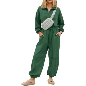 imageFlygo Womens Jumpsuits Zipper Casual One Piece Outfits Long Sleeve High Waisted Belted Wide Leg Romper with PocketsGreen
