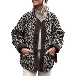 imageFlygo Womens Leopard Fuzzy Fleece Jacket Casual Corduroy Patchwork Long Sleeve Button Down Winter Coat Outerwear with PocketBeige Grey