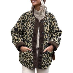 imageFlygo Womens Leopard Fuzzy Fleece Jacket Casual Corduroy Patchwork Long Sleeve Button Down Winter Coat Outerwear with PocketKhaki Grey