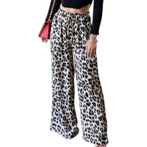 imageFlygo Womens Leopard Print Wide Leg Pants High Waisted Palazzo Straight Flowy Baggy Work Casual Trousers with PocketsBeige