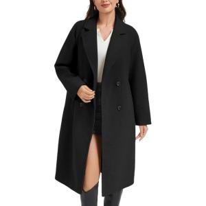 imageFlygo Womens Long Pea Coat Notch Lapel Double Breasted Trench Coat Fall Winter Overcoat Long JacketBlack