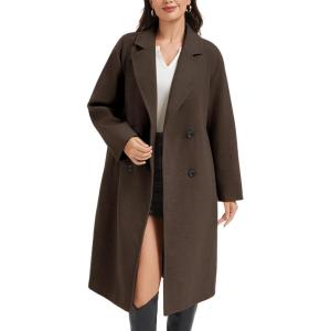 imageFlygo Womens Long Pea Coat Notch Lapel Double Breasted Trench Coat Fall Winter Overcoat Long JacketBrown