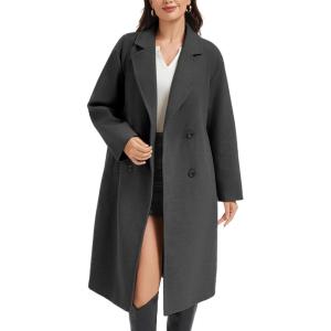 imageFlygo Womens Long Pea Coat Notch Lapel Double Breasted Trench Coat Fall Winter Overcoat Long JacketGrey