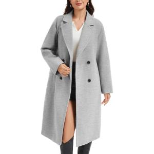 imageFlygo Womens Long Pea Coat Notch Lapel Double Breasted Trench Coat Fall Winter Overcoat Long JacketLight Grey