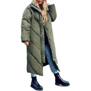 imageFlygo Womens Long Puffer Coat Long Sleeve Padded Winter Down Coats Hooded Parka JacketArmygreen