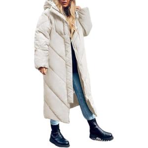 imageFlygo Womens Long Puffer Coat Long Sleeve Padded Winter Down Coats Hooded Parka JacketBeige