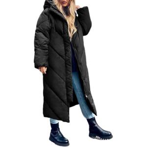 imageFlygo Womens Long Puffer Coat Long Sleeve Padded Winter Down Coats Hooded Parka JacketBlack