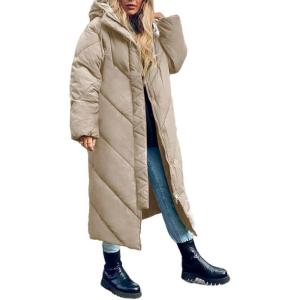 imageFlygo Womens Long Puffer Coat Long Sleeve Padded Winter Down Coats Hooded Parka JacketKhaki