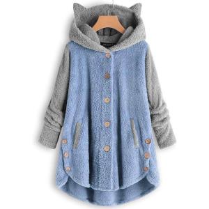 imageFlygo Womens Long Sleeve Cat Ear Hoodies Double Fleece Color Block Button Hooded Sweatshirt
