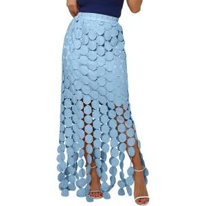 imageFlygo Womens Maxi Skirt 2025 Summer Boho Hollow Out Fringe Hem High Waisted Lace Long Skirts for Party Wedding BeachBlue