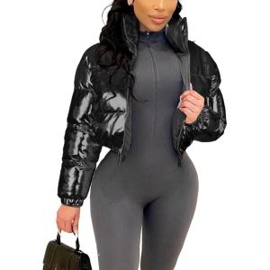 imageFlygo Womens Metallic Shiny Cropped Quilted Puffer Jacket  Zip Up Padded Down Coat OuterwearBlack