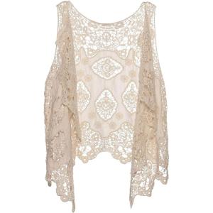 imageFlygo Womens Open Front Cotton Crochet Lace Boho Hippie Butterfly Vest Cardigan Coverup Sleeveless Irregular HemBeige