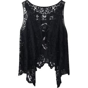 imageFlygo Womens Open Front Cotton Crochet Lace Boho Hippie Butterfly Vest Cardigan Coverup Sleeveless Irregular HemBlack