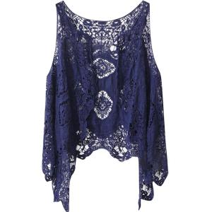 imageFlygo Womens Open Front Cotton Crochet Lace Boho Hippie Butterfly Vest Cardigan Coverup Sleeveless Irregular HemDark Blue