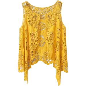 imageFlygo Womens Open Front Cotton Crochet Lace Boho Hippie Butterfly Vest Cardigan Coverup Sleeveless Irregular HemDark Yellow