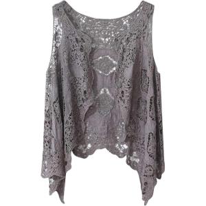 imageFlygo Womens Open Front Cotton Crochet Lace Boho Hippie Butterfly Vest Cardigan Coverup Sleeveless Irregular HemGray