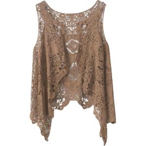 imageFlygo Womens Open Front Cotton Crochet Lace Boho Hippie Butterfly Vest Cardigan Coverup Sleeveless Irregular HemKhaki