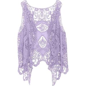 imageFlygo Womens Open Front Cotton Crochet Lace Boho Hippie Butterfly Vest Cardigan Coverup Sleeveless Irregular HemLilac