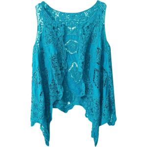 imageFlygo Womens Open Front Cotton Crochet Lace Boho Hippie Butterfly Vest Cardigan Coverup Sleeveless Irregular HemPeacock Blue