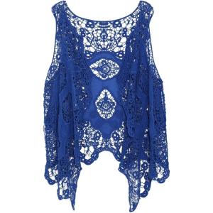 imageFlygo Womens Open Front Cotton Crochet Lace Boho Hippie Butterfly Vest Cardigan Coverup Sleeveless Irregular HemRoyal Blue