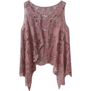 imageFlygo Womens Open Front Cotton Crochet Lace Boho Hippie Butterfly Vest Cardigan Coverup Sleeveless Irregular HemTwilight Purple