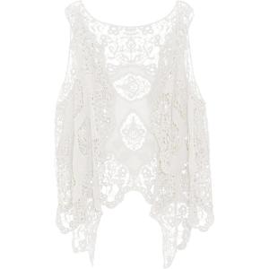 imageFlygo Womens Open Front Cotton Crochet Lace Boho Hippie Butterfly Vest Cardigan Coverup Sleeveless Irregular HemWhite