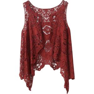imageFlygo Womens Open Front Cotton Crochet Lace Boho Hippie Butterfly Vest Cardigan Coverup Sleeveless Irregular HemWine Red