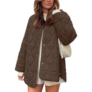 imageFlygo Womens Oversized Quilted Lightweight Jacket Button Down Puffer Padded Outerwear with PocketCoffeeL