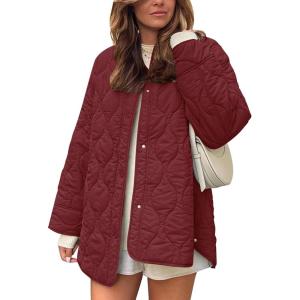 imageFlygo Womens Oversized Quilted Lightweight Jacket Button Down Puffer Padded Outerwear with PocketWine RedL