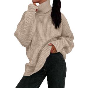 imageFlygo Womens Turtleneck Sweater Long Sleeve Oversized Sweaters Chunky Knit Tunic Pullover Sweater Trendy Fall Outfits