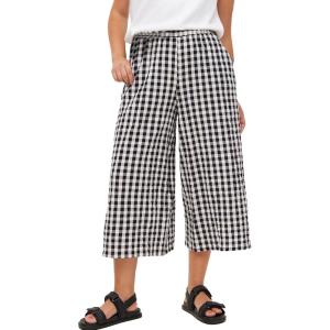 imageFlygo Womens Wide Leg Gingham Capri Pants Cotton Elastic Waisted Plaid Palazzo Bottoms Flowy Trousers with PocketsBlack