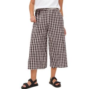 imageFlygo Womens Wide Leg Gingham Capri Pants Cotton Elastic Waisted Plaid Palazzo Bottoms Flowy Trousers with PocketsCoffee