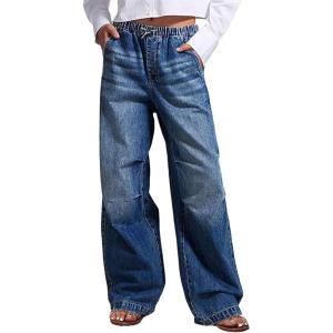 imageFlygo Womens Wide Leg Jeans Elastic Waist Drawstring Baggy Jeans Y2K Boyfriend Jeans Loose Denim PantsBlue