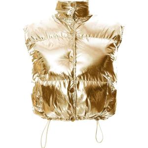 imageFlygo Womens Winter Crop Vest Metallic Quilted Down Vest Sleeveless Puffer JacketGold