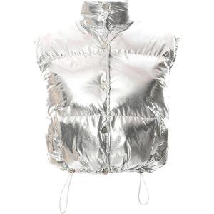imageFlygo Womens Winter Crop Vest Metallic Quilted Down Vest Sleeveless Puffer JacketSilver