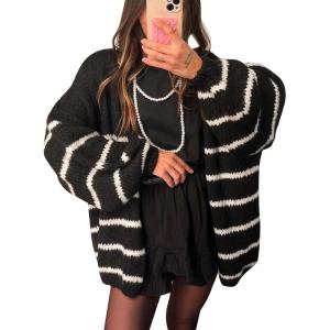imageFlygo Womens Oversized Striped Cardigan Sweater Chunky Knit Drop Shoulder Balloon Sleeve Open Front Cardigans SweatersBlack