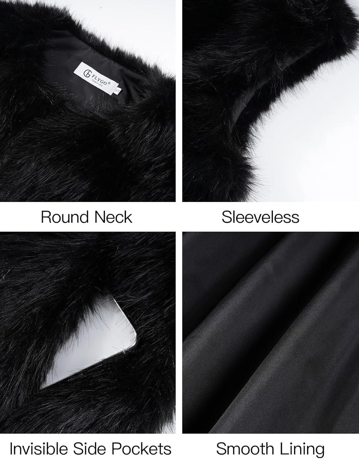 imageFlygo Faux Fur Vest Women Sleeveless Faux Fur Jacket Furry Open Front Cardigan Top Fluffy Winter Vest OuterwearBlack