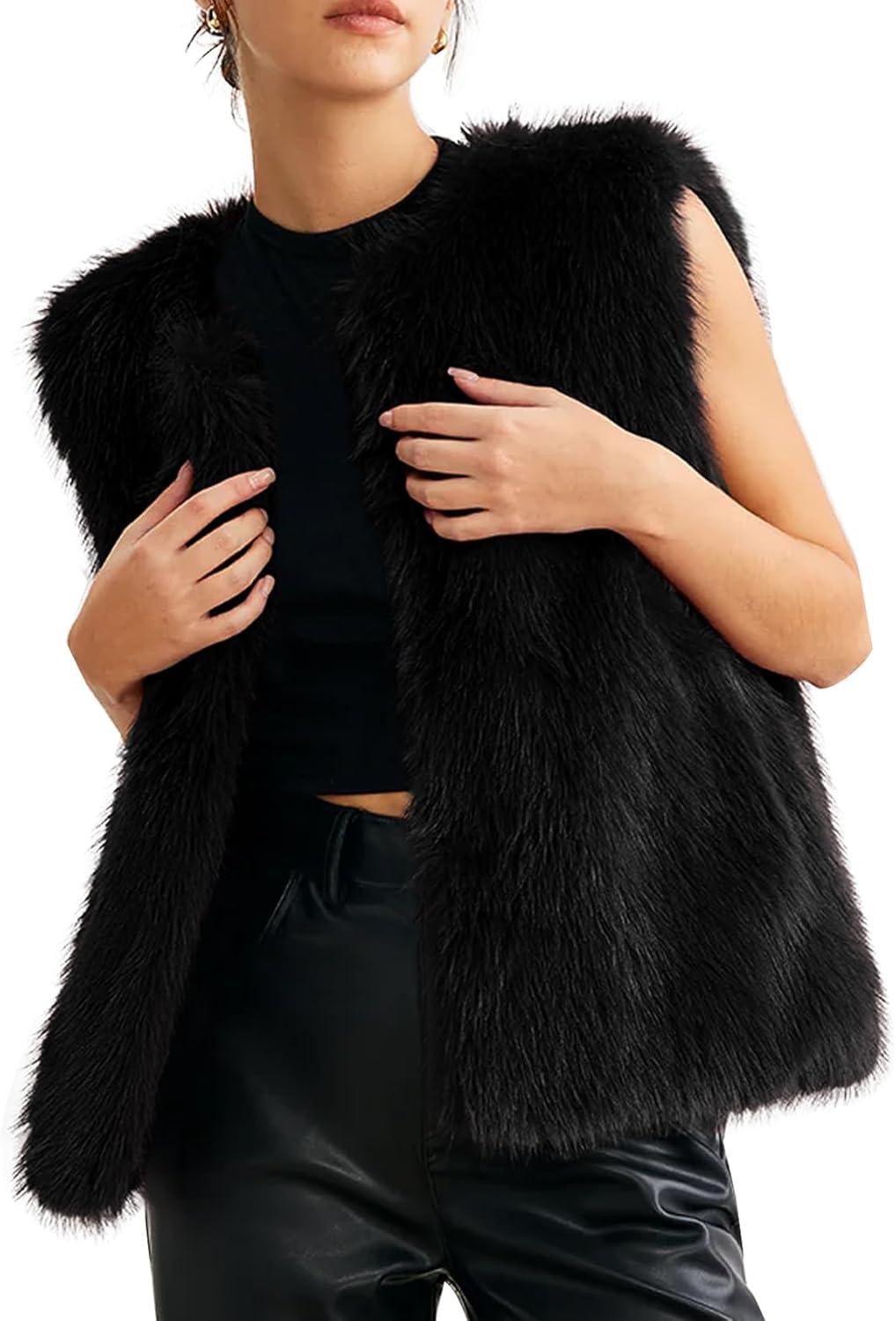 imageFlygo Faux Fur Vest Women Sleeveless Faux Fur Jacket Furry Open Front Cardigan Top Fluffy Winter Vest OuterwearBlack