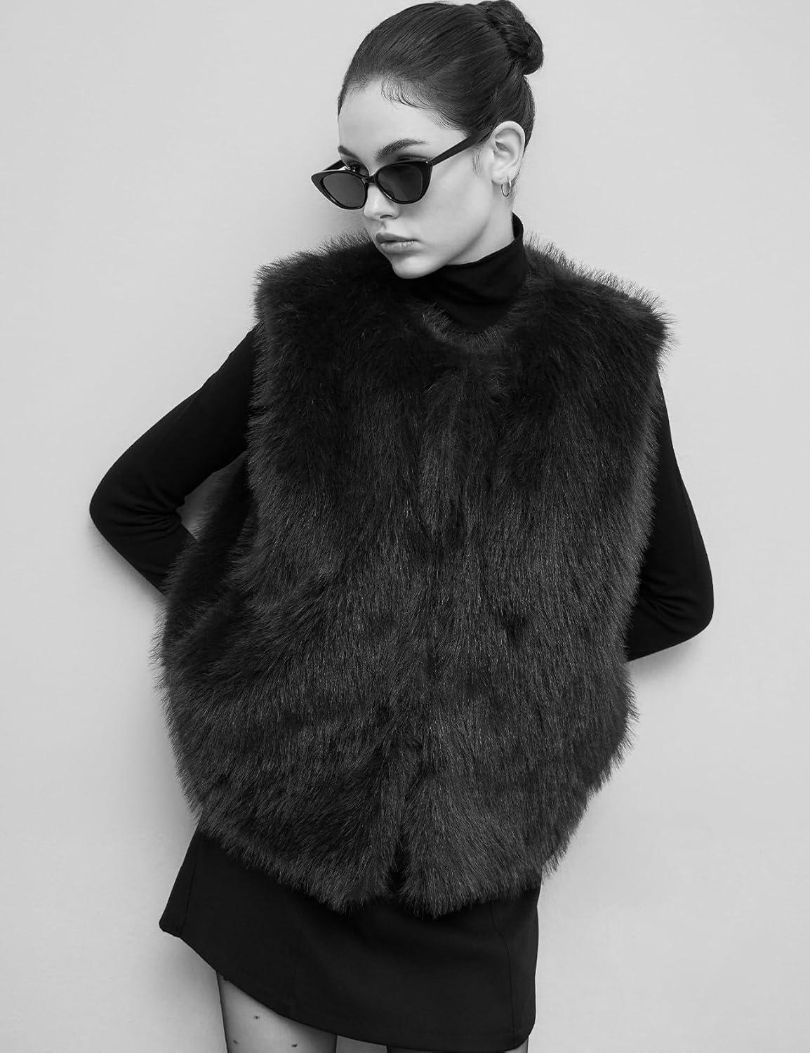 imageFlygo Faux Fur Vest Women Sleeveless Faux Fur Jacket Furry Open Front Cardigan Top Fluffy Winter Vest OuterwearBlack