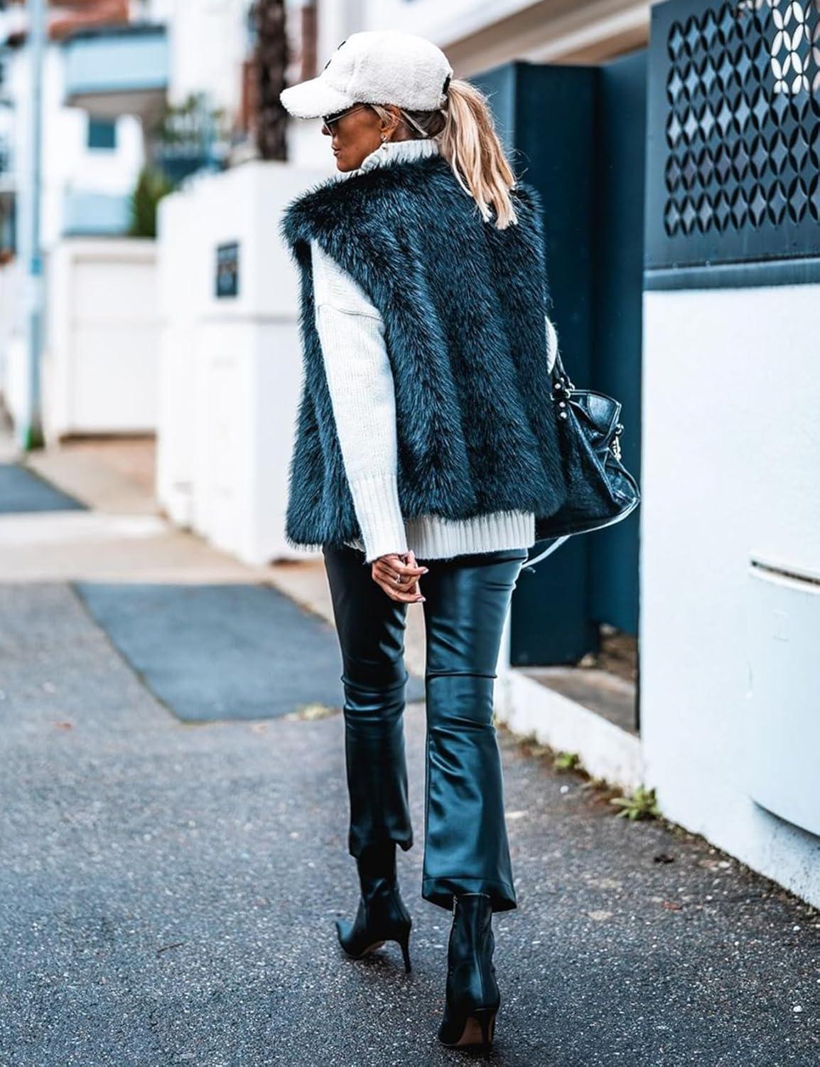 imageFlygo Faux Fur Vest Women Sleeveless Faux Fur Jacket Furry Open Front Cardigan Top Fluffy Winter Vest OuterwearBlack