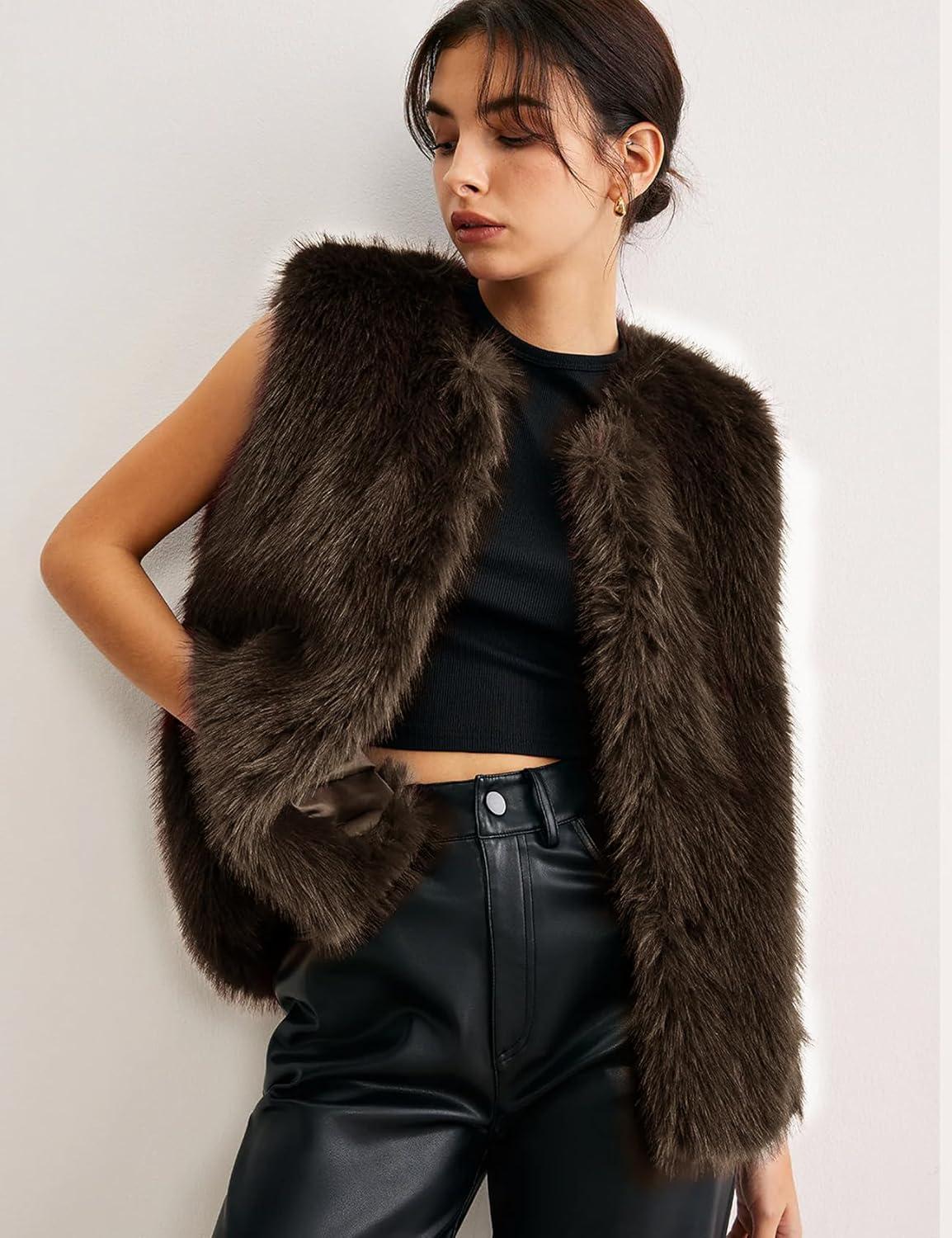 imageFlygo Faux Fur Vest Women Sleeveless Faux Fur Jacket Furry Open Front Cardigan Top Fluffy Winter Vest OuterwearBrown