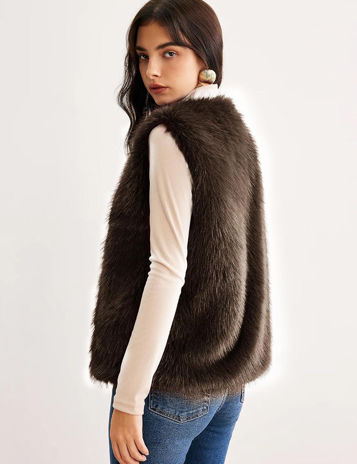 imageFlygo Faux Fur Vest Women Sleeveless Faux Fur Jacket Furry Open Front Cardigan Top Fluffy Winter Vest OuterwearBrown