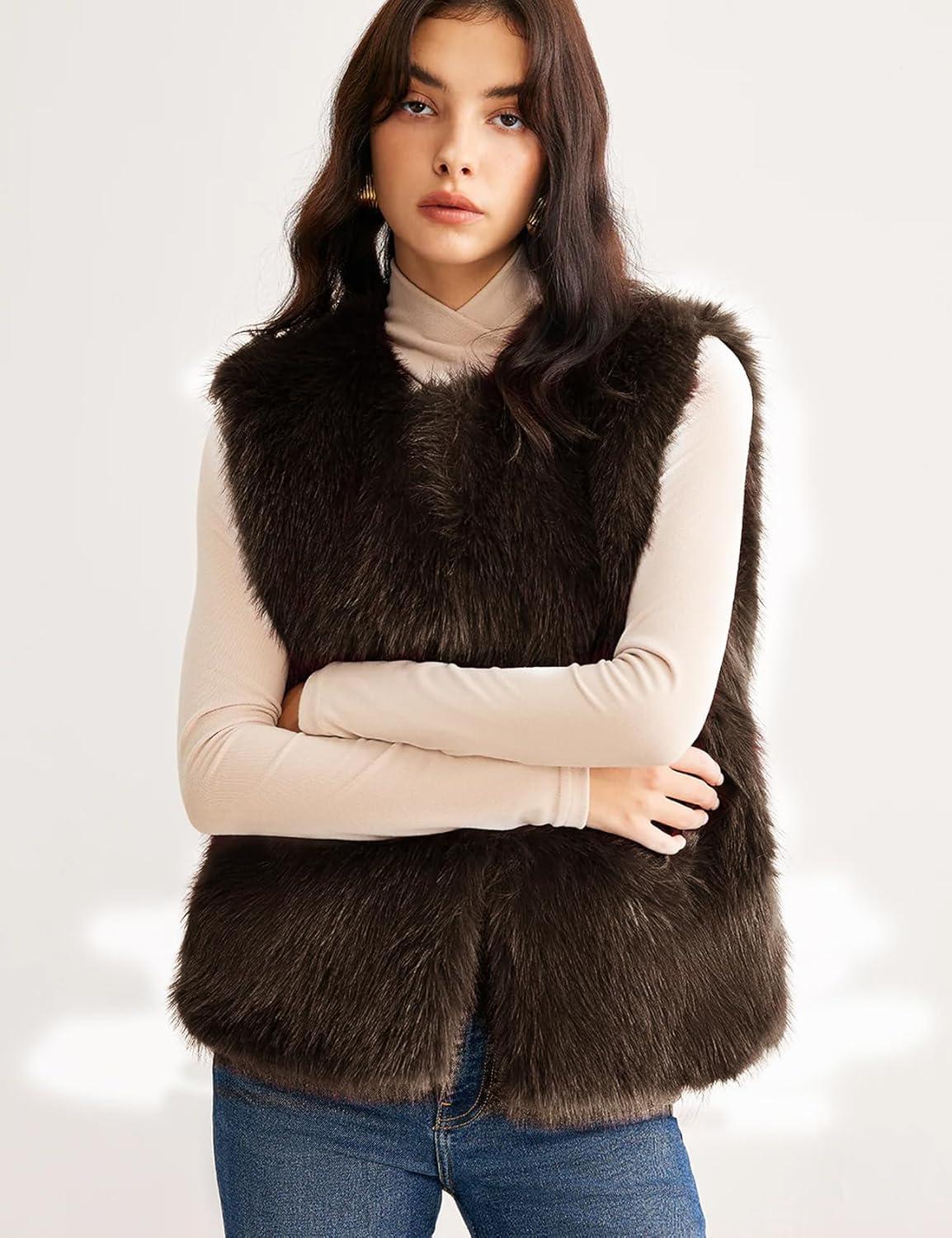 imageFlygo Faux Fur Vest Women Sleeveless Faux Fur Jacket Furry Open Front Cardigan Top Fluffy Winter Vest OuterwearBrown
