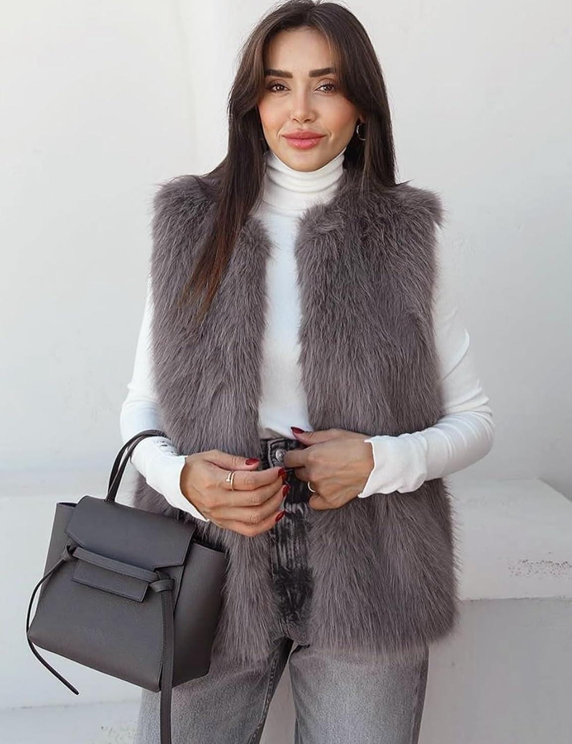 imageFlygo Faux Fur Vest Women Sleeveless Faux Fur Jacket Furry Open Front Cardigan Top Fluffy Winter Vest OuterwearTaupe